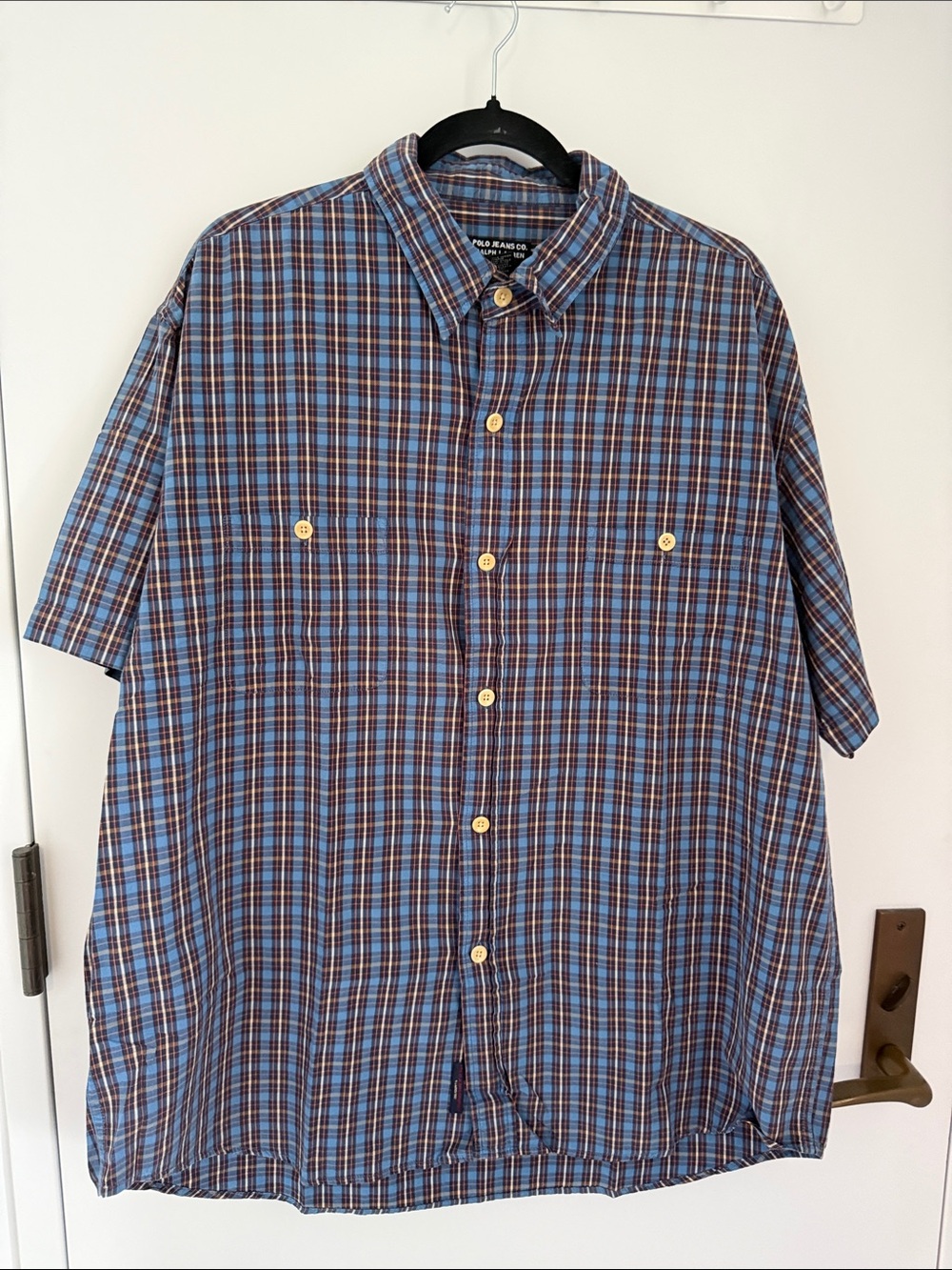 Vintage Polo Jeans Co Ralph Lauren Blue Brown Plaid Short-Slv Button-Down Shirt